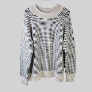 LL Bean Birdseye Sweater White Blue Organic Cotton Knit Rollneck Pullover Preppy